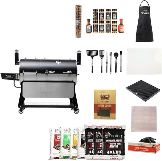 recteq DualFire 1200 Wood Pellet Smoker Grill, Wi-Fi Electric Pellet Grills, Dual Chambers for Hot and Fast + Low and Slow Cooking, DualFire 1200 + BBQ Master Bundle