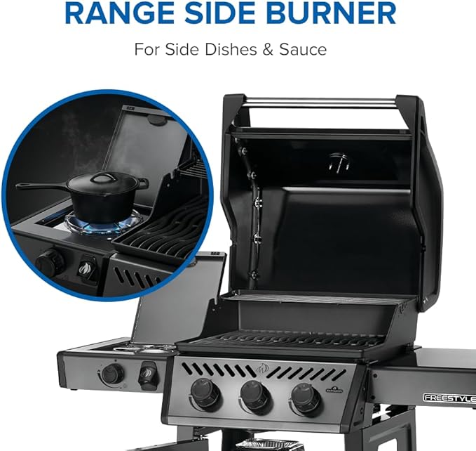 Napoleon Freestyle 365 Propane Gas Outdoor Grill with Range Side Burner, Graphite Grey – 4-Burner BBQ for Versatile Cooking