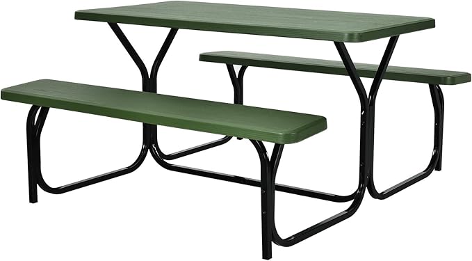 Giantex Picnic Table Bench Set Outdoor Camping All Weather Metal Base Yard Pool Dining Party Garden Patio Lawn Deck Large Camping Table (Green)