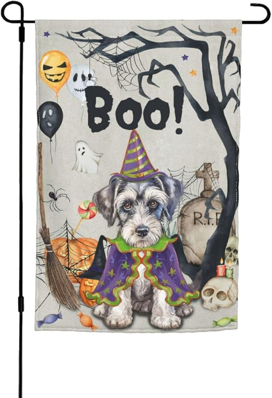 Halloween Schnauzer Dog Boo Pumpkin Skull Garden Flag Welcome Party Outdoor Outside Decorations Picks Home House Garden Yard Decor 12x18 Inch