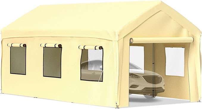 VEVOR Carport 10x20 ft Heavy Duty Canopy, Portable Garage Shelter with 8 Legs, Removable Sidewalls & Windows, Adjustable Peak Height 8.3-10 ft, Ideal for Cars, Boats, and Parties, Yellow