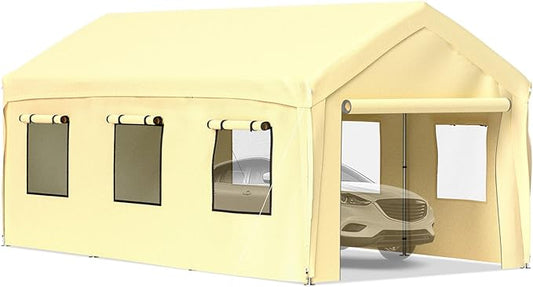 VEVOR Carport 10x20 ft Heavy Duty Canopy, Portable Garage Shelter with 8 Legs, Removable Sidewalls & Windows, Adjustable Peak Height 8.3-10 ft, Ideal for Cars, Boats, and Parties, Yellow