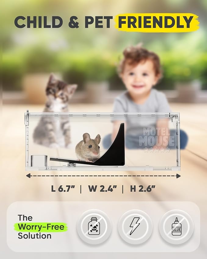 Motel Mouse Humane Mouse Traps No Kill Live Catch and Release 4 Pack - Reusable, Easy to Use & Clean, No Touch Release, Sensitive Includes Cleaning Brush, Instruction Manual & Video - Mousetrap Indoor