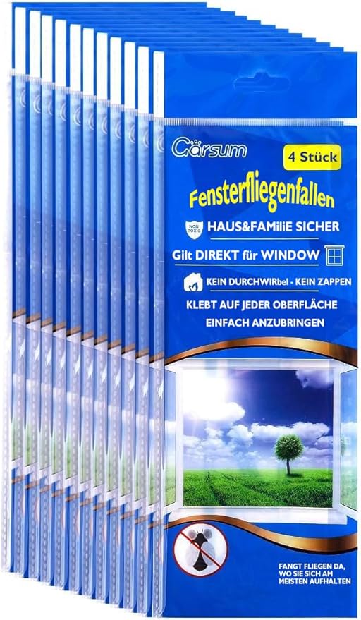 Garsum Window Fly Traps Indoor, 48 Pieces Fly Paper Bug Sticky Strips, House Fly Killer Window Decal Non-Toxic,4 Pcs per Pack Total