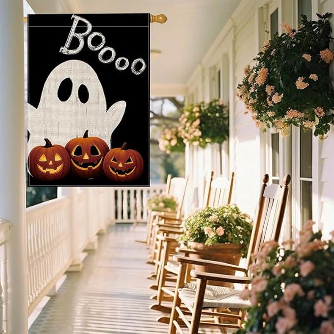 Halloween Garden Flag 12x18 Inch Double Sided, Boo Ghost Pumpkin Yard flag, Spooky Outdoor Halloween Party Decoration for Porch, Patio, Lawn, Garden, Indoor & Outdoor Décor