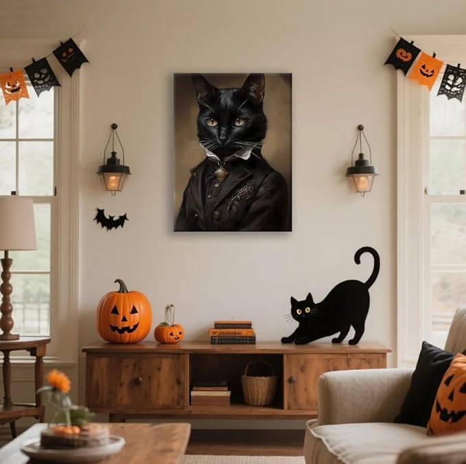 Black Cat Canvas Framed Wall Art Poster 11.5x15 Inch - Gothic Bathroom Decor, Dark Academia Home & Room Wall Decor Posters for Apartment, Cat Lover Gifts, Halloween Decorations