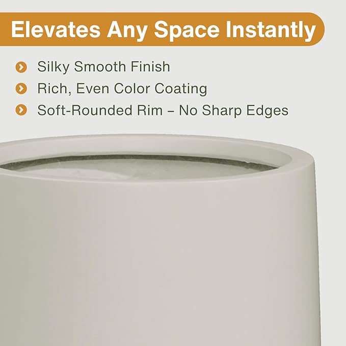 14" H x 13.7" D Conico Fiberstone Round Planter with Drainage Hole, Smooth Finishes, Weather Resistant for Indoor and Outdoor Use, Included 2 Extra Coco Mats (Taupe, 10.6" Pot Opening)