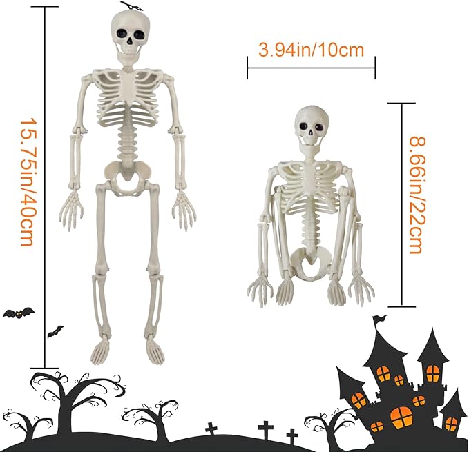 6PCS Halloween Skeleton Decorations Indoor Outdoor - 16" Full Skull Body with Movable Joint Skeleton for Halloween Indoor Outdoor Party Decor Spooky Scary Yard Lawn Garden Patio Haunted House