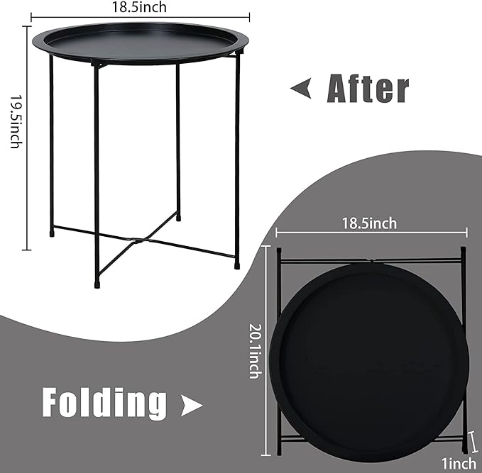 Garden 4 you End Table 2 PCS Metal Side Table Black Round Folding Tray Cyan Sofa Small Accent Fold-able Table, Round End Table Tray, Next to Sofa Table, Snack Table for Living Room and Bed Room
