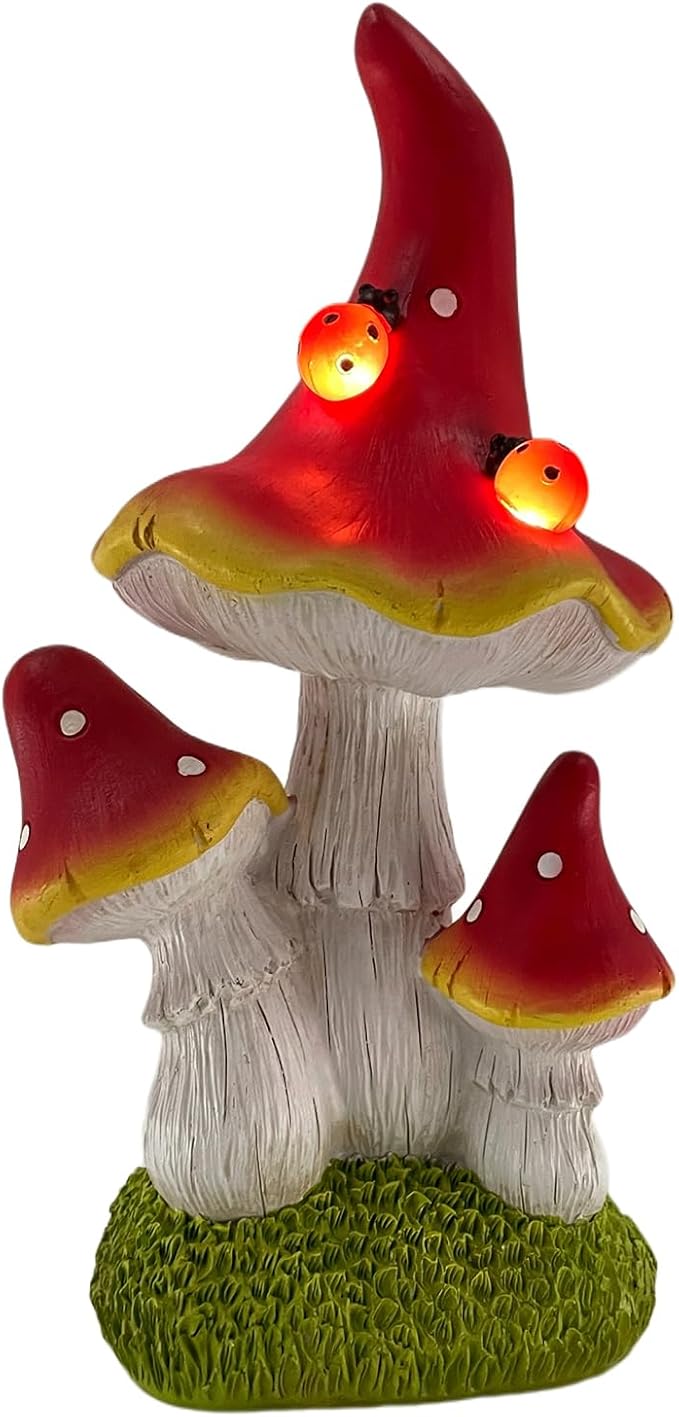 COWOS Solar Mushroom Garden Statue, Fairy Garden Accessories Outdoor Statues, Mushroom House Decor, 3 Mushrooms Head for Patio Yard Lawn Porch Outdoor Decor