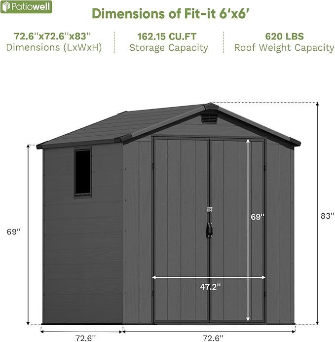 Patiowell 6 x 6 FT Plastic Outdoor Storage Shed with Floor, Resin Outside Tool Shed with Two Windows and Lockable Door for Garden, Backyard, Tool Storage Use, Easy to Install, Dark Grey