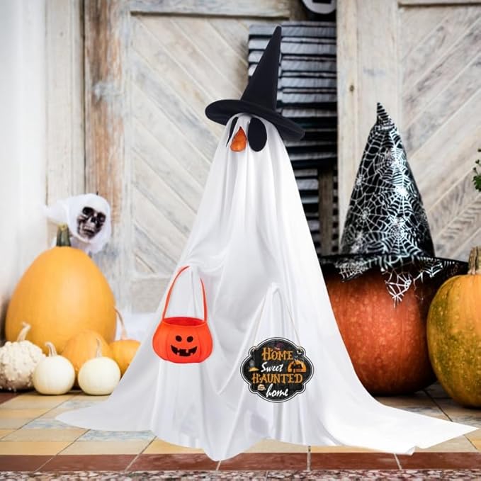 4 Pcs Halloween Porch Goose Outfits Ghost with Accessories Yard Garden Lawn Goose Clothes for Plastic Cement Goose Statue 23" Fall Ghost Porch Goose Costume Set for Patio Outdoor Decoration