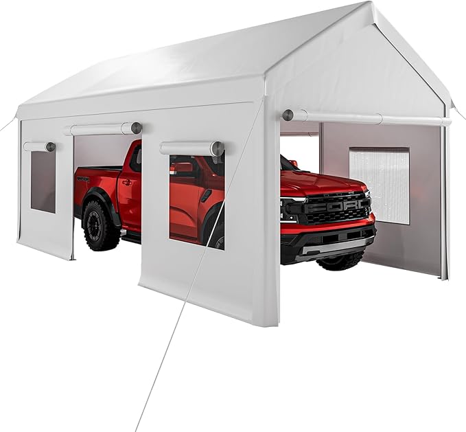 10 X 20FT Heavy Duty Carport, Portable Garage with Roll-Up Windows,Removable Sidewalls & Doors, Outdoor Tent Garage for Car,Truck,Boat
