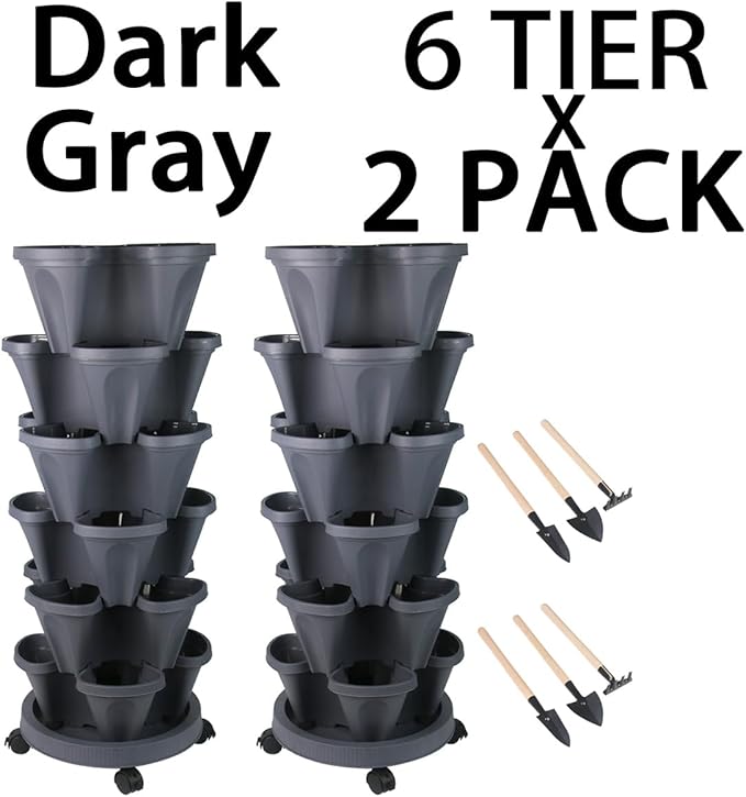 Vertical Planter 6 Tier Stackable Planters Garden Planters Strawberry Herb Flower and Vegetable Planter Indoor Outdoor Gardening Pots with Removable Wheels and Tools