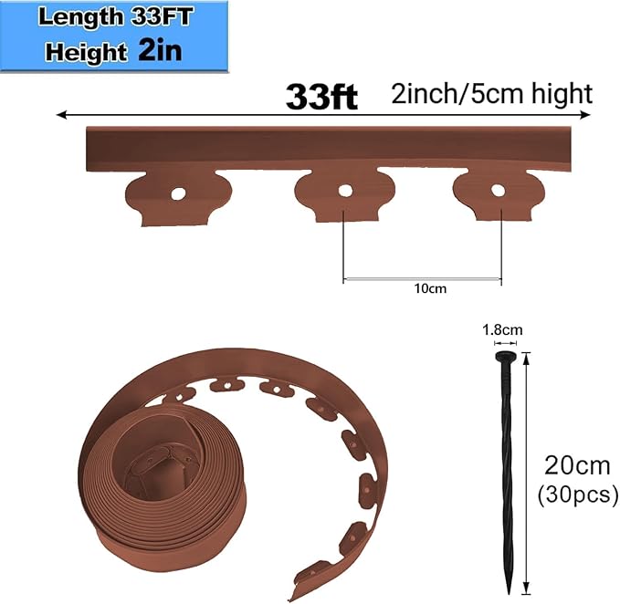 Garden Edging,33ft Landscape Edging Garden Borders Edging【2INCH Hight】 Paver Edging Include 30 Stakes, Flexible Lawn Edging Border for Yard, Lawn, Gardens(Brown)