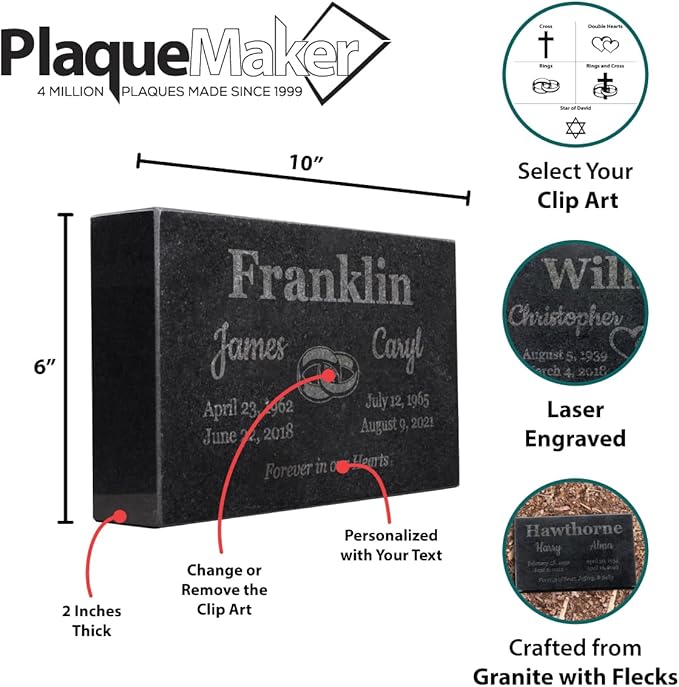 PlaqueMaker Black Granite Memorial Headstone for Two Lost Loved - Great for Your Garden, Tree Dedication, or in a Cemetery. Includes Your Text and Select Clipart (10 x 6 x 2)