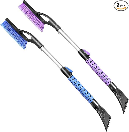 HEEYA 2 Pack Ice Scraper and Brush for Car, Extendable Snow Brush with Ice Scraper for Car Windshield Window, Car Snow Scraper with Foam Grip for SUV Truck Automobile Vehicle - Purple & Blue