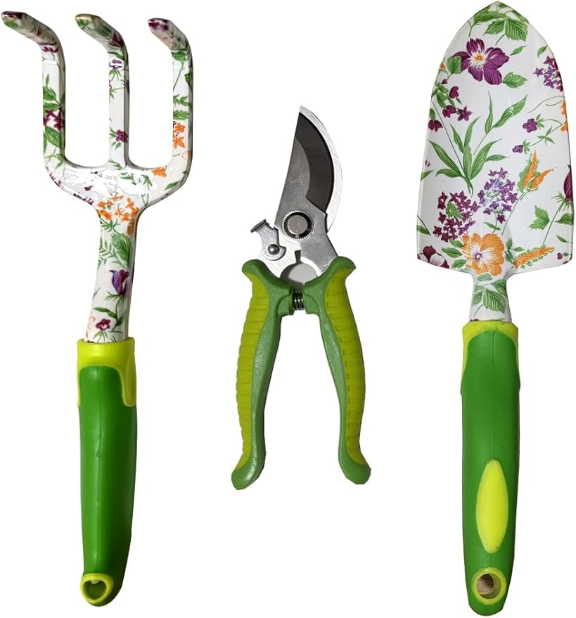 Pruning Shears, Large Soil Shovel, Dirt Rake, Gardening Daily Loosening and Pruning, Non-Slip and Durable, Gift for Men and Women(Gardening Tools Aluminum Set)(Lime Green Flower 3 PCS Tool)