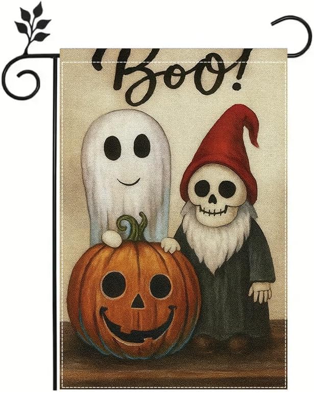 Halloween Garden Flag 12x18 Inch Double Sided Ghost Pumpkin Skeleton Yard flag Outdoor Holiday Party Porch Decor for Patio Lawn Garden Home Decoration