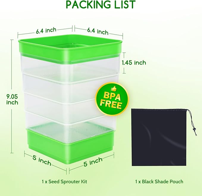 Creative.C Bean Seed Sprouter Kit Micro Greens Growing Trays with Sprout Lid Blackout Sleeves Drain Tray Four Tier Stackable Sprouts Growing Kit for Broccoli Alfalfa Seed Wheat Grass