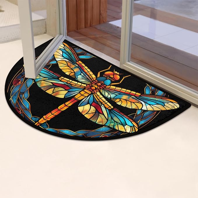 cfpolar Non-Slip Soft Half Round Door Mat, Colorful Dragonfly Semicircle Mat for Indoor Entrance Garage Bath Living Room Patio 24 x 36 in