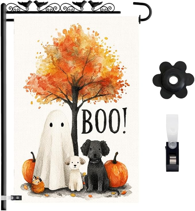 Happy Halloween Garden Flag – Ghost with Dogs and Pumpkins Design, 12x18 Double Sided Burlap Yard Flag for Fall Outdoor Decoration, Weatherproof