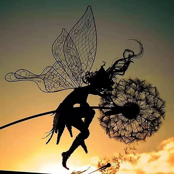 Flower Fairy Dancing with Dandelion, Art Sculpture Fairies for Fairy Garden, Angel Metal Ornaments Gardens Art Sculpture, Outdoor Decorations for The Courtyard, Lawn and Terrace (F)
