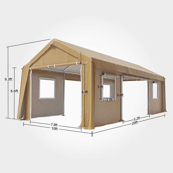 10x20FT Portable Garage, 10'x20' Carport Heavy Duty, Galvanized Frame & 180 g PE Waterproof Canopy, with 4 Doors (Included 2 Side Doors), and 4 Windows, for Pickup Truck, and Boat