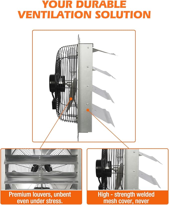 JVO 20 Inch Shutter Exhaust Fan 3500 CFM High Velocity 5.4 Ft Power Cord, Automatic Shutters, Steel Blades, ETL Listed - for Garage, Shop,Greenhouse, Attic, Workshop, Basement & Industrial Ventilation