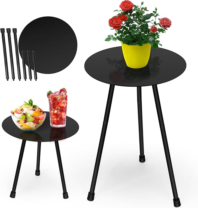 2-Pack Metal Outdoor Side Tables, Adjustable Height Round Side Table Weather-Resistant, Black Bistro Camping Tent Beach Table, End Table for Small Spaces, Balcony, Patio, Camping, Garden, 12.2"