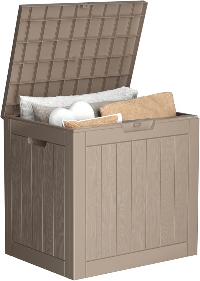 ROJIK Outdoor Storage Housing Deck Box - Waterproof Patio Furniture, Garden Tools, Cushions, Pool Accessories Storage Bench with Lockable Lid and Side Handles (Grey, 30 Gal)