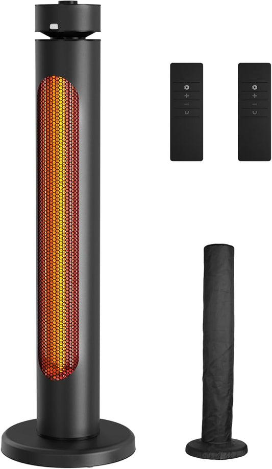 Portable Heater Outdoor Infrared 1500W 8 Heat Levels 8H Timers Carbon Fiber Tube Tip-Over&Overheat Protection IP65 Waterproof Electric Garden Heater, Deep Black