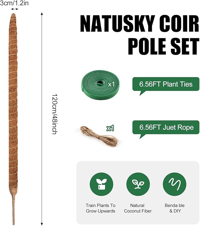 Handmade Coco Coir Moss Pole - 48 Inch Bendable Sticks Support for Climbing Plants, Monstera, Indoor Plants to Grow Upwards