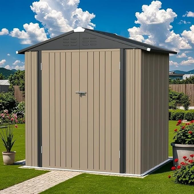 Greesum 6×4FT Outdoor Storage Shed, Metal Patio Storaged Sheds with Lockable Doors, Sheds & Outdoor Storage for Bike, Backyard, Pool and Garden, Brown
