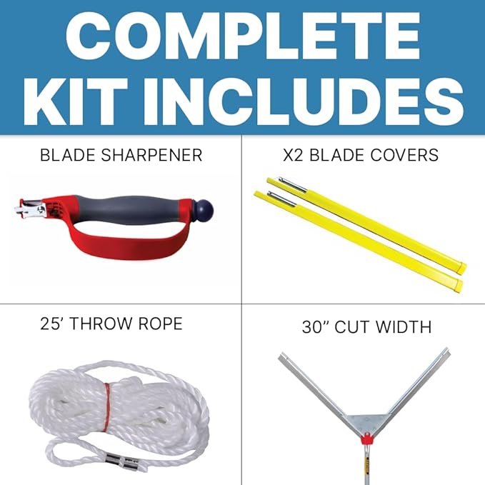 Jenlis Weed Razer Express, Lake Weed Cutter, Compact Aquatic Pond Plant Cutting Tool, Sharp Razor Blades Shear Cattail, Reed, Phragmites Lilly & Chara Algae, 30” Inch Cut Width, 25 Foot Throw Rope