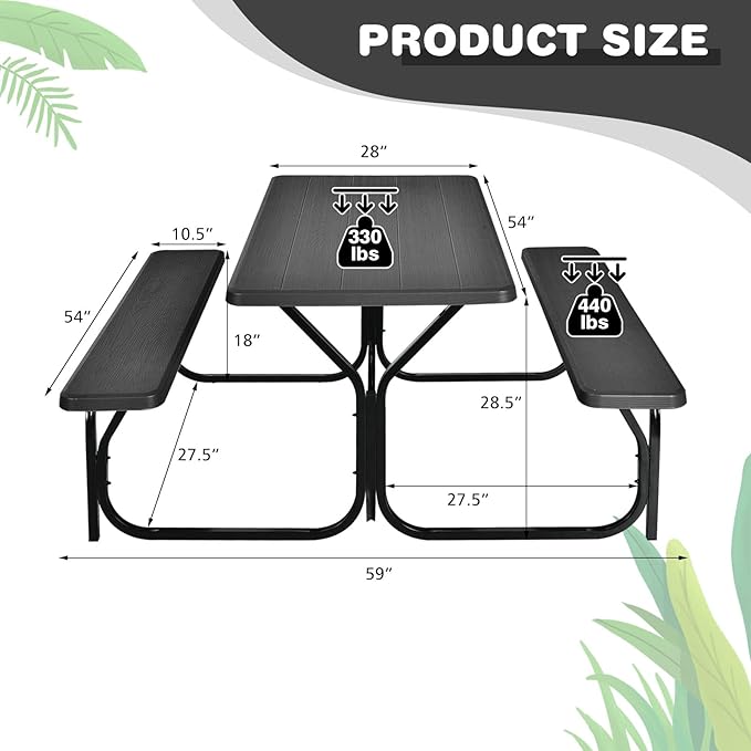 Moccha Picnic Table Bench Set - Portable Plastic Picnic Table w/Steel Frame & Wood-Like Texture, All Weather Heavy Duty Picnic Table Kit, Picnic Tables for Outdoors Garden Patio Party Dining (Black)