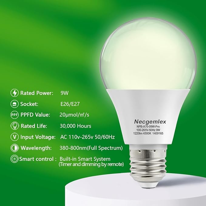 Smart LED Grow Light Bulbs with Remote Controller, Sun Mode, Built-in Daily Auto Timer, 4500K, A21/A70 E26/E27 9W Dimmable Full Spectrum Grow Bulbs for Indoor Plants, 2 Pack