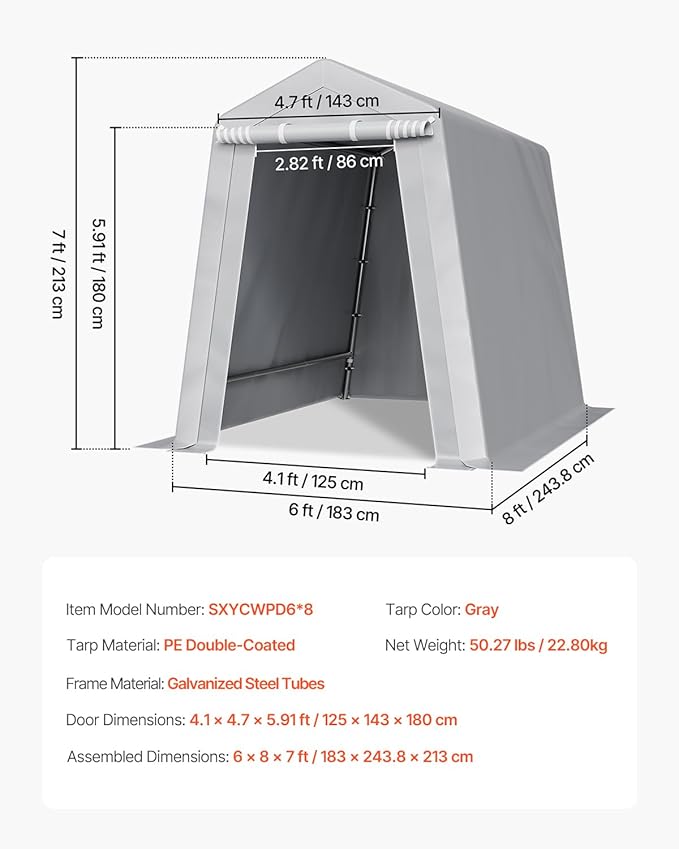VEVOR 6x8x7 FT Portable Outdoor Storage Shed, Heavy-Duty Waterproof Shelter with Roll-Up Zipper Door & Vents, UV-Resistant Carport for Motorcycle, Bike, Lawn Mower, Tools, Gray