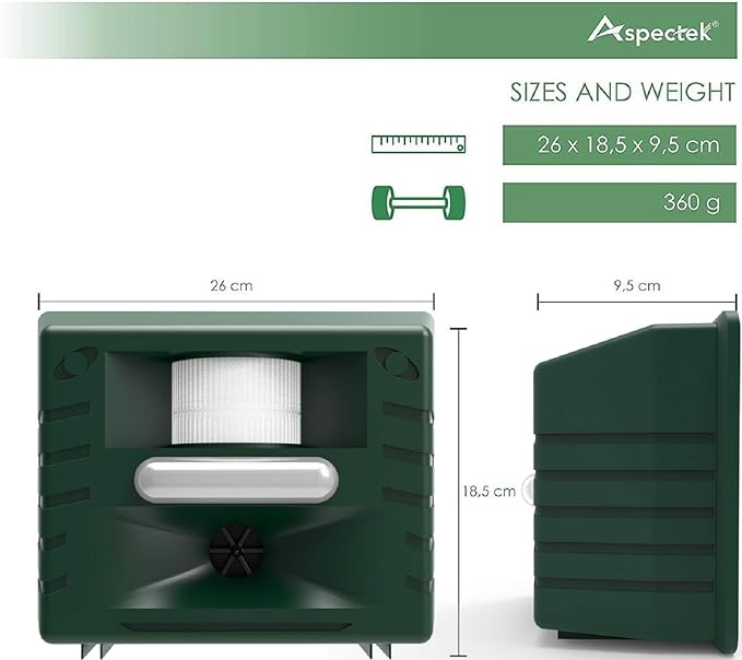 ASPECTEK Yard Sentinel Outdoor Ultrasonic Animal Repeller with Motion Sensor, Adjustable Volume, Waterproof, Extension Cord, Powerful Repel for Squirrel, Raccoon, Skunk, Rabbit, Fox, Deer, Etc