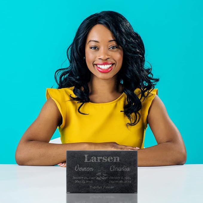 PlaqueMaker Black Granite Memorial Headstone for Two Lost Loved - Great for Your Garden, Tree Dedication, or in a Cemetery. Includes Your Text and Select Clipart (10 x 6 x 2)