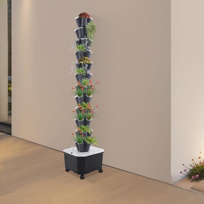 Hydroponic Growing Tower, 12 Layer 60 Pods Hydroponic Grow Towers Kit with Water Pump and Movable Water Tank, Plant Germination Kit with 4 Wheels, for Vegetable, Strawberries, Lettuce