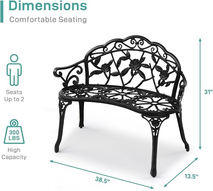 VINGLI 38.5" Patio Park Garden Outdoor Metal Rose Bench,Cast Iron Cast Aluminium Frame Antique Finish Chair,Accented Lawn Front Porch Path Yard Decor Deck Furniture for 2 Person Seat（Black