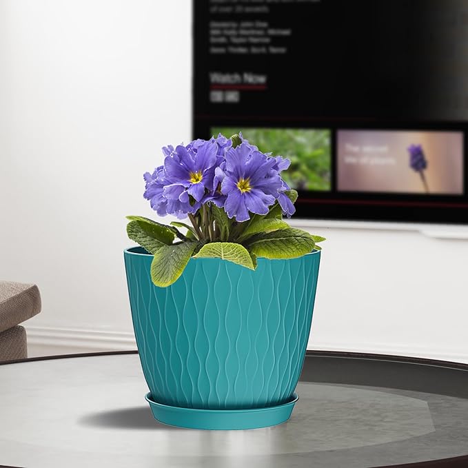 6 Inch Plant Pots, 6 Pack Flower Pots for Indoor and Outdoor Use, Planters with Drainage Holes and Saucers, Black with Speckles