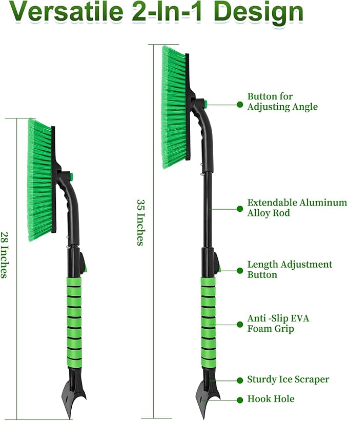 SEAAES 35 Inch Ice Scraper and Snow Brush for Car Windshield, Extendable Snow Scraper Brush with Foam Grip for Truck SUV Vehicle Window - Green