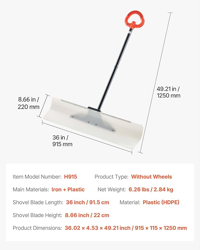 VEVOR Snow Pusher, 36 inch Wide Push Snow Shovel Plow for Driveway, Sidewalks and Doorways with Segmented Handle, Ergonomic Grip and HDPE Plastic Blade