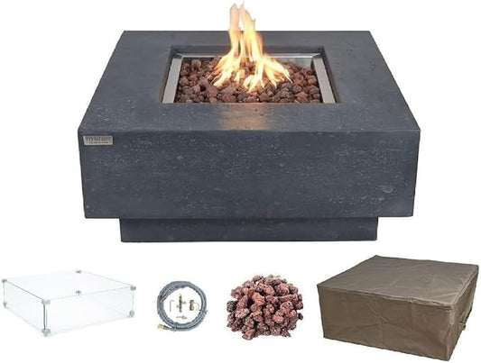 Elementi Manhattan Gas Fire Pit Cast Concrete Fire Table, Outdoor Fire Pit Electronic Ignition | Canvas Cover, Lava Rock Included | Free AMS Wind Guard | Dark Gray (Natural Gas)