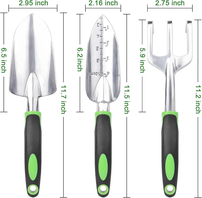Garden Tools Set, 3 Pack Heavy Duty Gardening Tools Set Include Garden Shovel, Transplant Trowel and Hand Rake with Ergonomic Non-Slip Handle, Aluminum Alloy Lawn and Garden Hand Tools for Planting