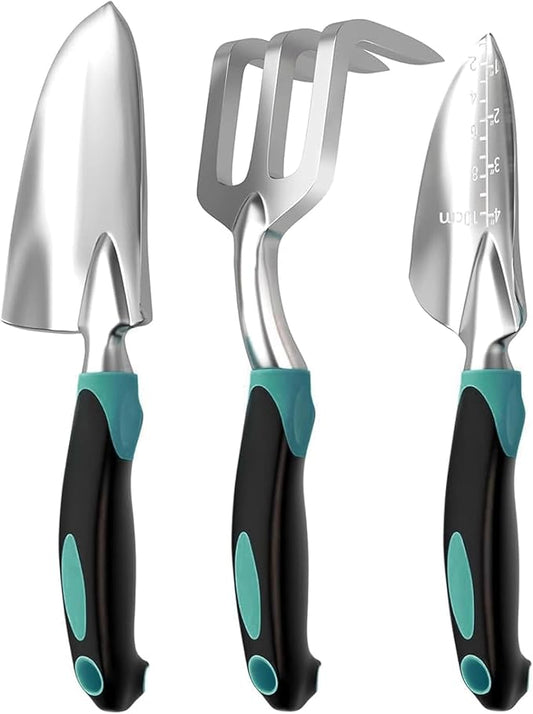 Garden Tool Set, Garden Trowel and Rake, Heavy Duty 3 Piece Gardening Tools, Non-Slip Rubber Grip, Outdoor Hand Tools, Essential Tool Set for Gardening Gifts for Mother Father Men Women Gardeners