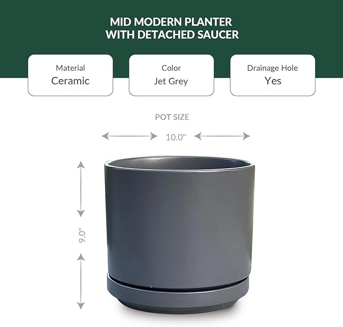 Ceramic Mid Modern Planter Pots with Detached Saucer - Indoor/Outdoor Plant Pots with Drainage Hole