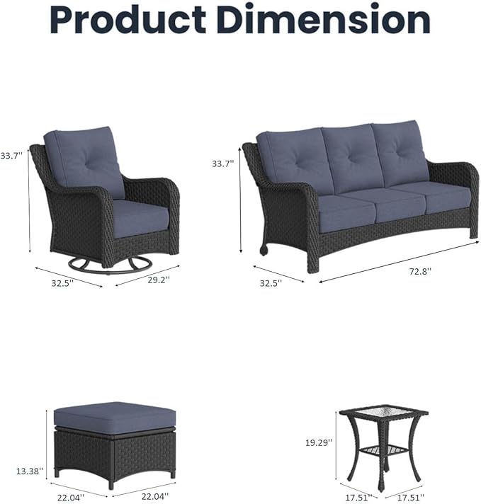 6 Pieces Outdoor Patio Furniture Sets with Rocking Swivel Chairs with 6-inch Thick Cushion and Side Table for Deck Lawn